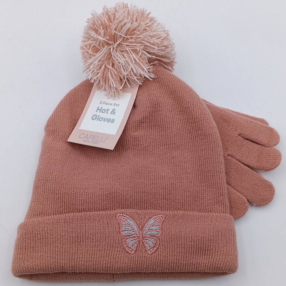 Capelli New York Kid's 2 Pc Baterfly Beanie & Gloves Set Size M/L